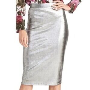Zara Metallic Silver Vegan Leather Midi Skirt Raw Hem Zip Back Size Large
